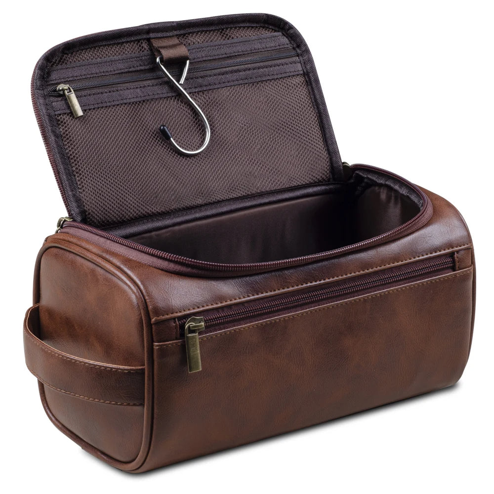 Men's travel toiletry bag with waterproof interior for organized grooming essentials.