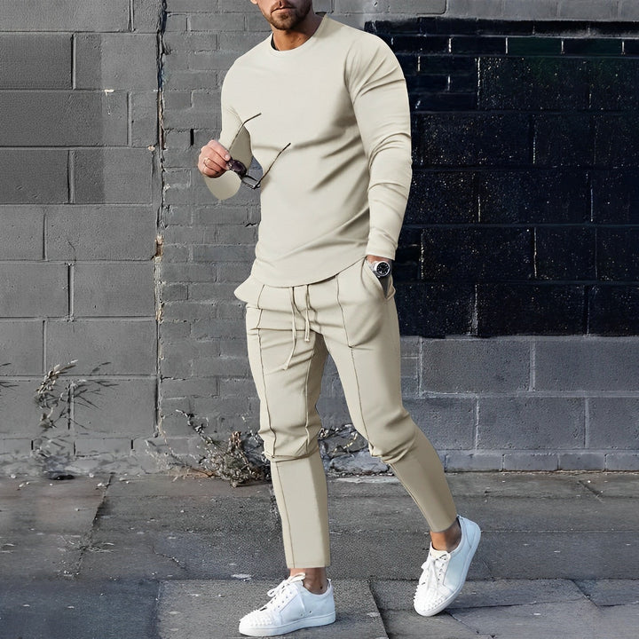 Trendy men's 2-piece sweater & jogger set. Comfortable, stylish casual wear, loungewear, and activewear outfit.