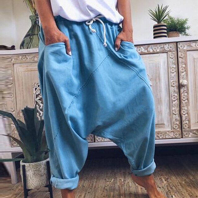 Relaxed fit men's bohemian harem pants, comfortable and loose, perfect for stylish boho-inspired outfits.