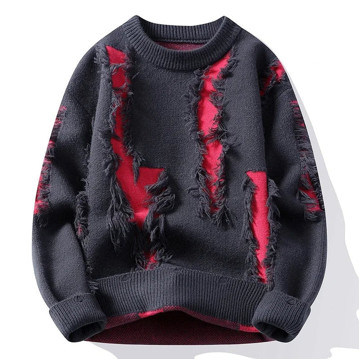 Men's trendy distressed pullover sweater with a relaxed fit, perfect for streetwear and edgy casual winter fashion.