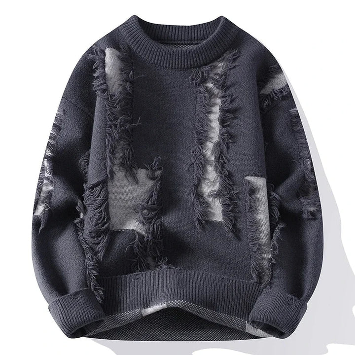 Stylish men's distressed pullover sweater featuring an edgy, bold design. Ideal for trendy streetwear & casual wear.