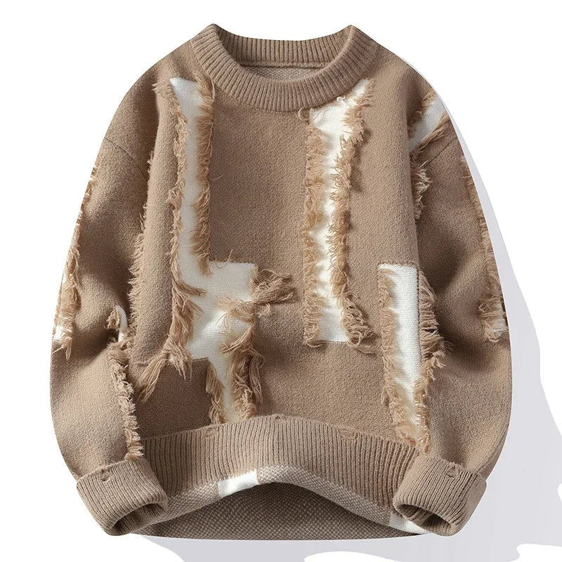 Relaxed fit men's distressed pullover sweater, a trendy fashion statement for modern men's casual and winter style.