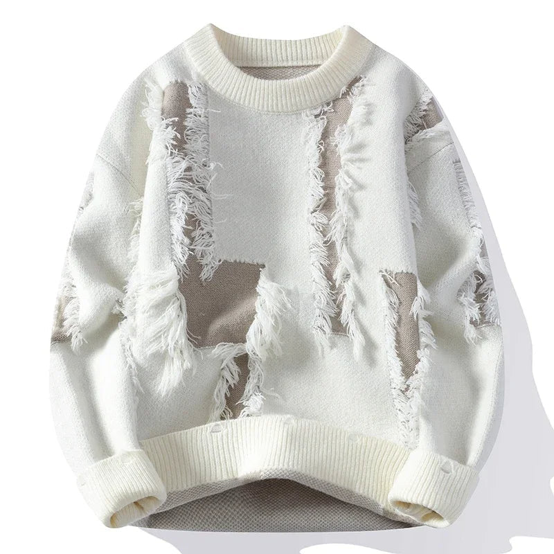 Edgy men's distressed pullover sweater. Trendy, relaxed fit design for bold streetwear and fashionable casual wear.