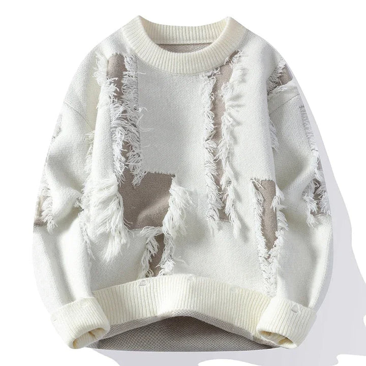 Edgy men's distressed pullover sweater. Trendy, relaxed fit design for bold streetwear and fashionable casual wear.