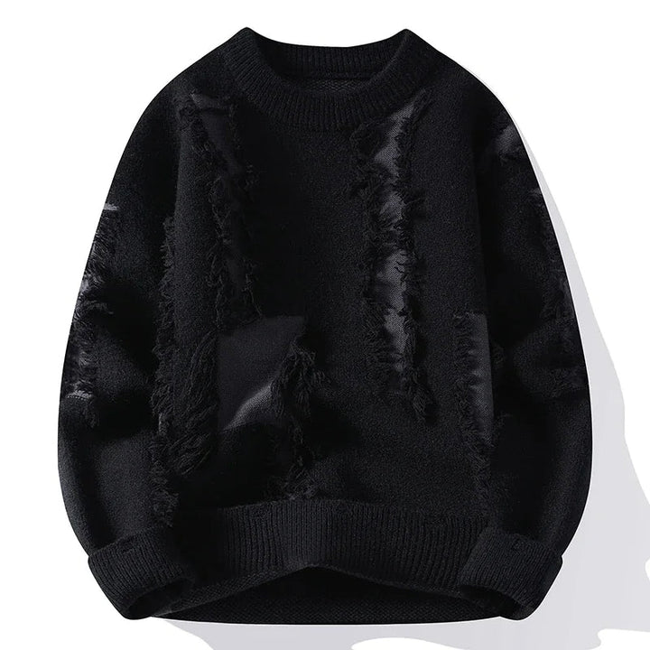 Trendy men's distressed pullover sweater. Relaxed fit streetwear for an edgy, casual winter fashion statement.