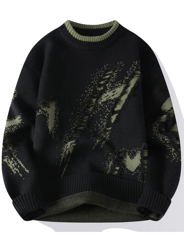 Trendy men's oversized knit sweater with distinctive frayed details, offering a comfortable relaxed fit.