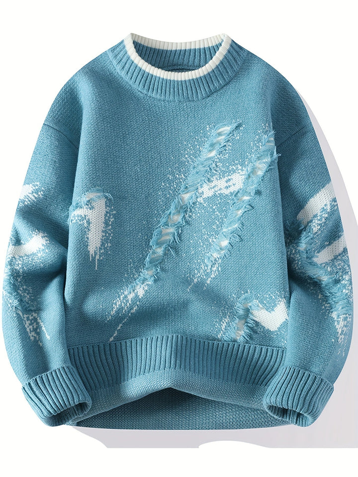 Men's fashionable oversized sweater with frayed accents. Great for casual winter wear and stylish layering.