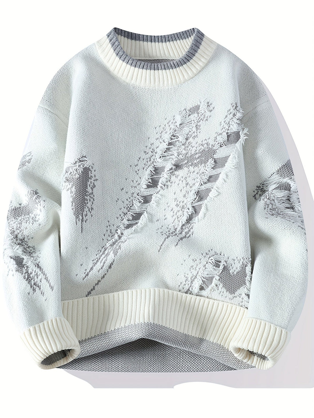 Autumn men's oversized long-sleeve sweater, featuring trendy frayed details and a cozy, relaxed style.