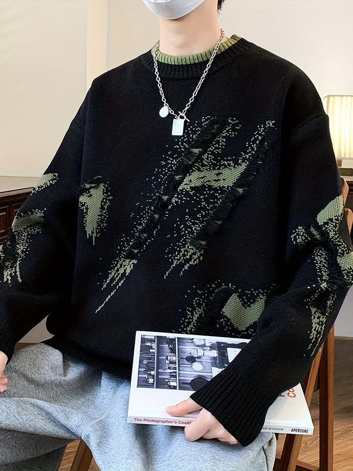 Modern men's oversized color block sweater with subtle frayed details. A trendy long-sleeve option for fall.