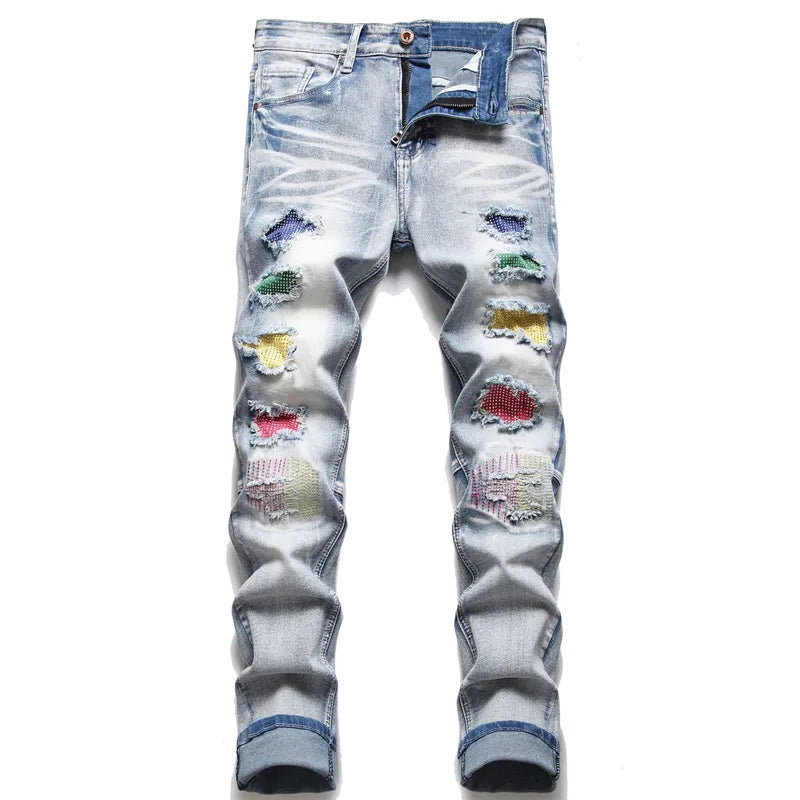 Men's trendy ripped jeans, modern fit distressed denim for a casual street style look.