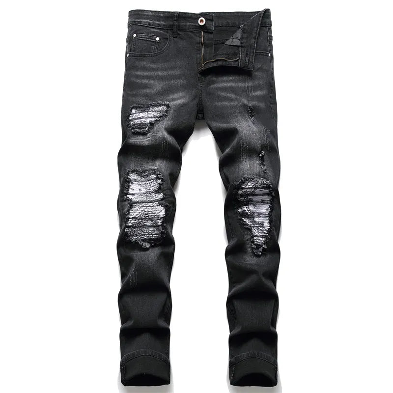 Stylish dark wash men's ripped jeans with a modern slim fit, perfect for trendy casual wear.