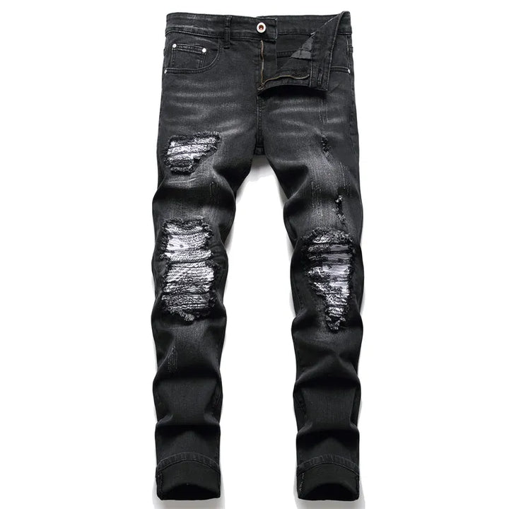 Stylish dark wash men's ripped jeans with a modern slim fit, perfect for trendy casual wear.