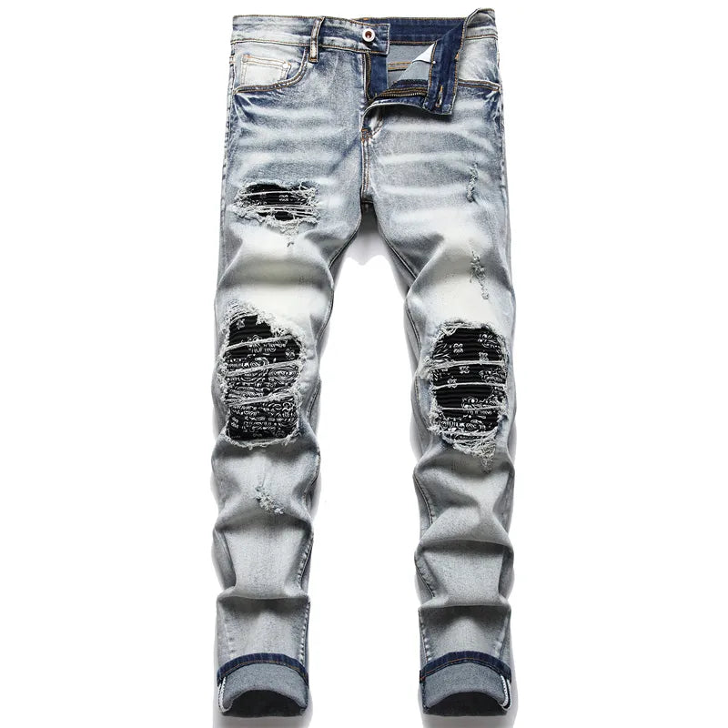 Versatile men's ripped jeans with a modern fit, distressed denim perfect for fashion-forward casual outfits.
