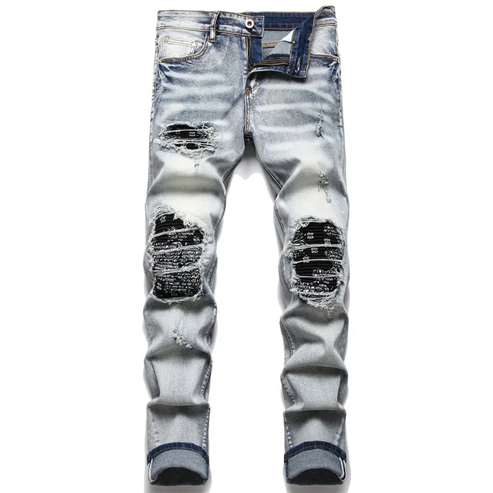 Versatile men's ripped jeans with a modern fit, distressed denim perfect for fashion-forward casual outfits.