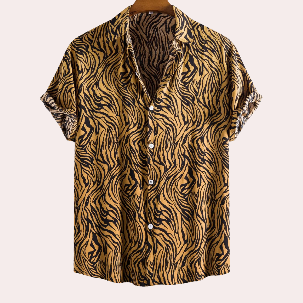 Men's trendy tiger print button-up shirt for a bold, casual, and versatile statement in men's fashion.