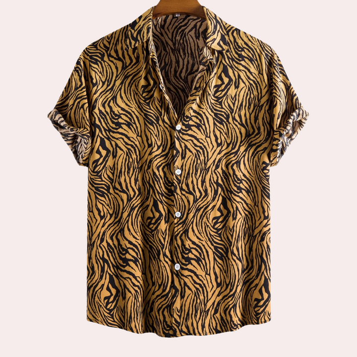 Men's trendy tiger print button-up shirt for a bold, casual, and versatile statement in men's fashion.