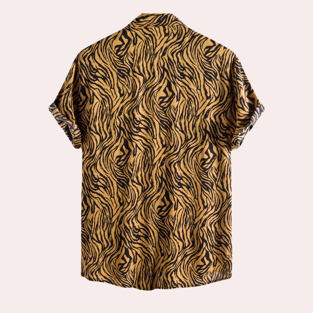Stylish men's button-up shirt featuring a trendy tiger print. Perfect for a bold, casual, and modern look.