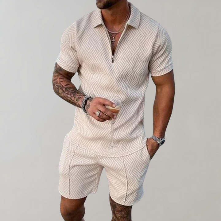 Trendy men's Timo 2-piece polo & shorts set. Ideal summer outfit for vacation, leisure, or casual everyday wear.