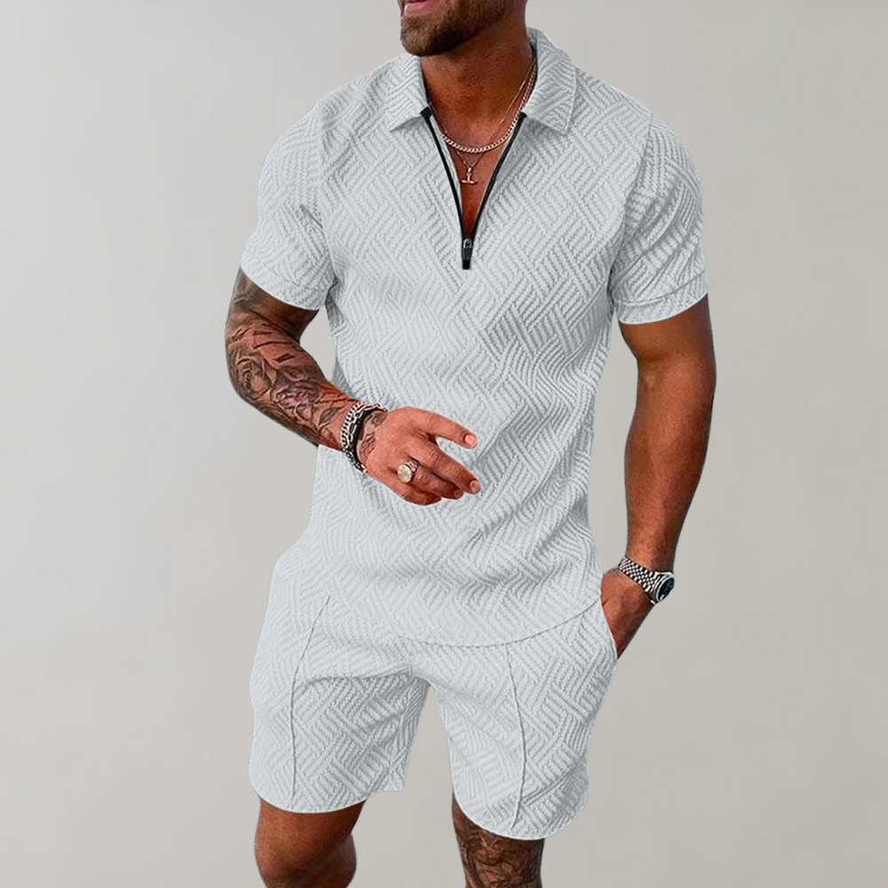 Timo men's trendy 2-piece summer set with comfortable shorts & a matching polo shirt. Breathable casual wear.