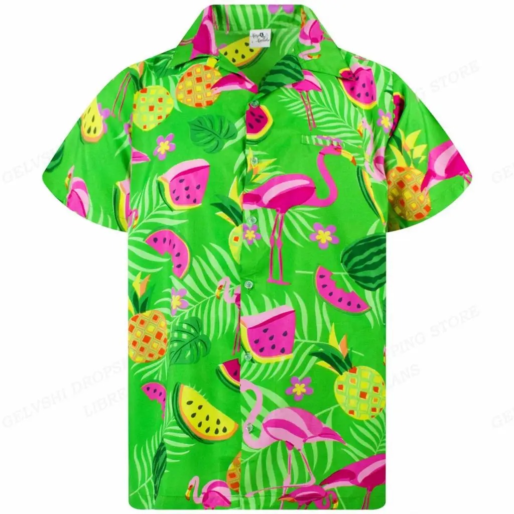 Men's tropical 3D flamingo button-up shirt for summer parties and beach holidays.