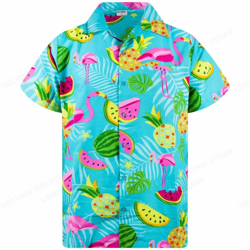 Men's vibrant tropical 3D flamingo button-up shirt for summer, beach, and holiday style.