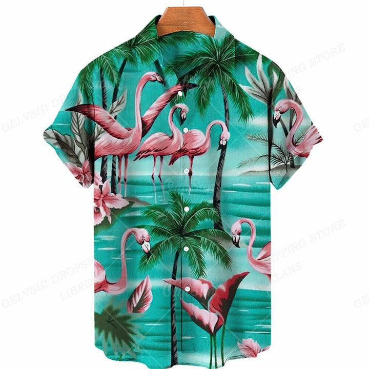 Dynamic men's tropical 3D flamingo print shirt, a comfortable button-up for casual summer events.