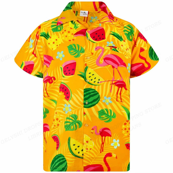 Vibrant men's tropical flamingo print shirt with 3D effect, perfect for summer casual wear.