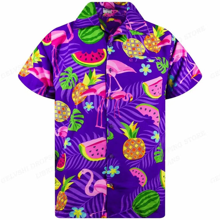 Stylish men's tropical flamingo button-up shirt, ideal for beach wear, holidays, or summer parties.