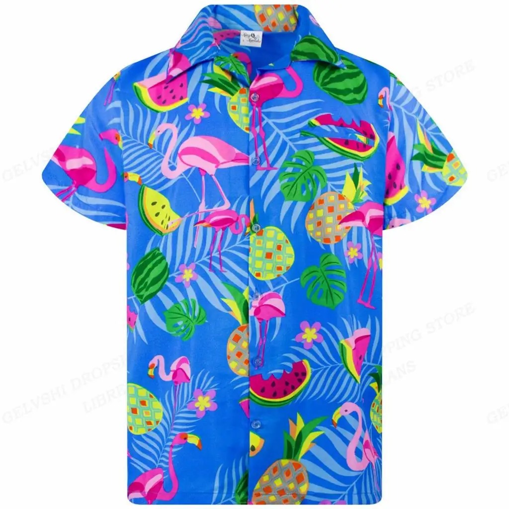 Men's vibrant tropical shirt featuring 3D flamingos, a stylish button-up for summer fashion.