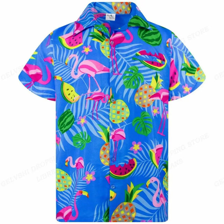 Men's vibrant tropical shirt featuring 3D flamingos, a stylish button-up for summer fashion.