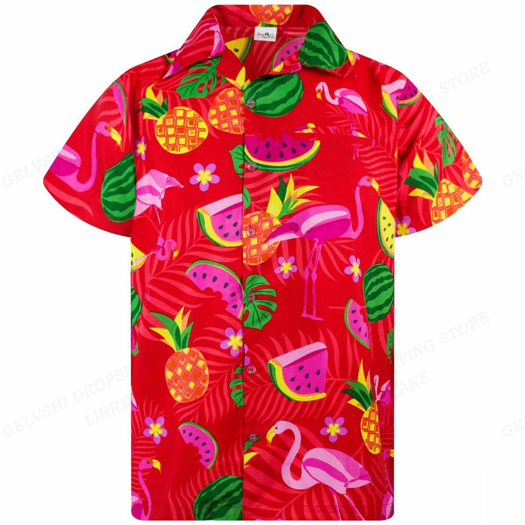 Eye-catching men's tropical 3D flamingo print shirt, a must-have vibrant button-up for summer.