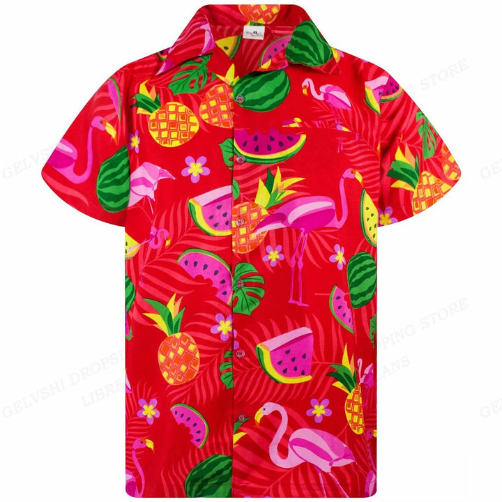 Eye-catching men's tropical 3D flamingo print shirt, a must-have vibrant button-up for summer.