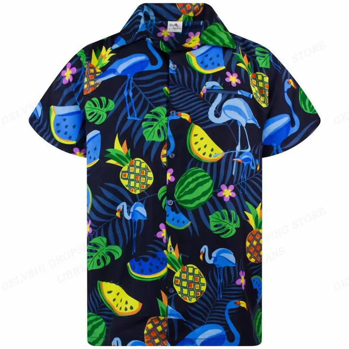 Men's tropical button-up shirt with a vivid 3D flamingo print, great for beach & summer parties.