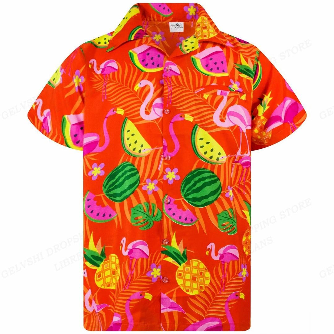 Fashionable men's casual button-up shirt with a unique tropical 3D flamingo design for summer.