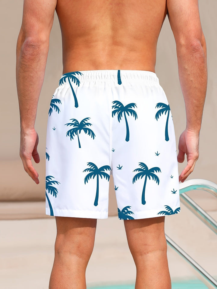 Quick-dry men's swim shorts with unique palm tree print, comfortable for all summer activities