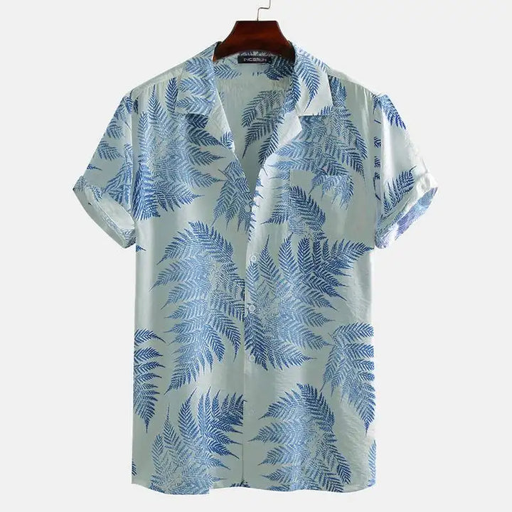 Stylish men's vacation shirt featuring a tropical palm pattern and short sleeves.
