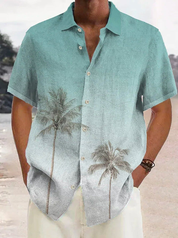 Men's tropical short sleeve summer shirt with vibrant coconut tree print, perfect for beach wear & holidays.