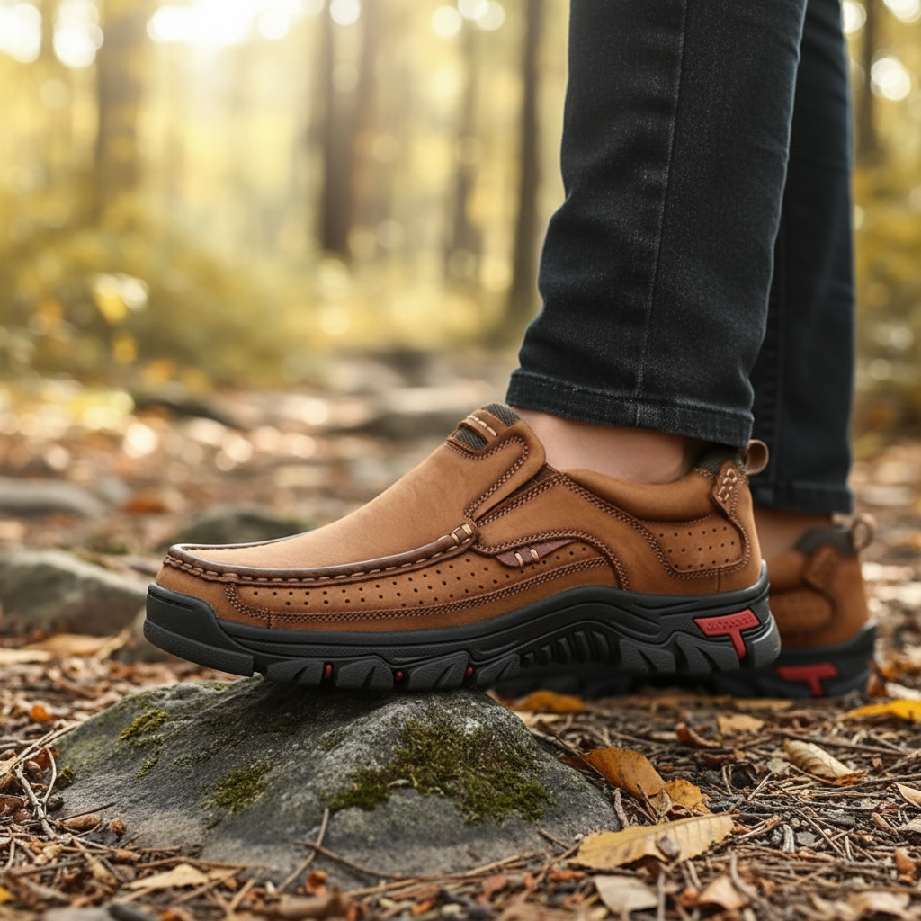 Men's Troy orthopedic hand-sewn hiking shoes in brown leather, side view
