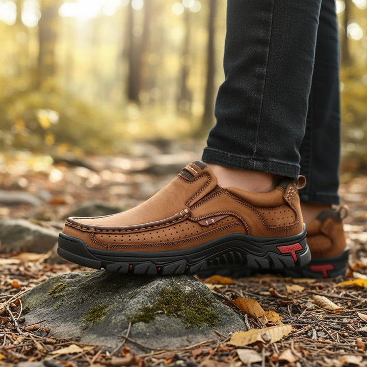 Men's Troy orthopedic hand-sewn hiking shoes in brown leather, side view