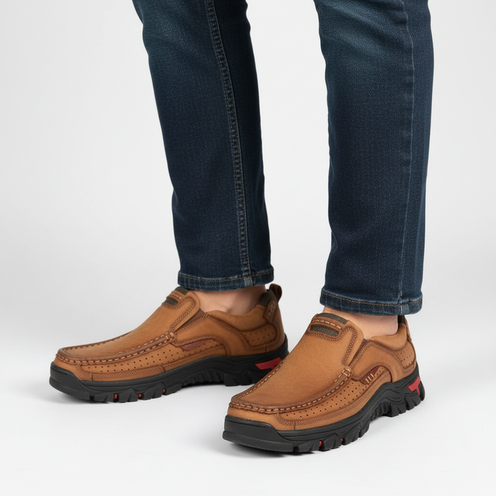 Close-up of men's orthopedic hand-stitched Troy walking shoe sole for slip resistance