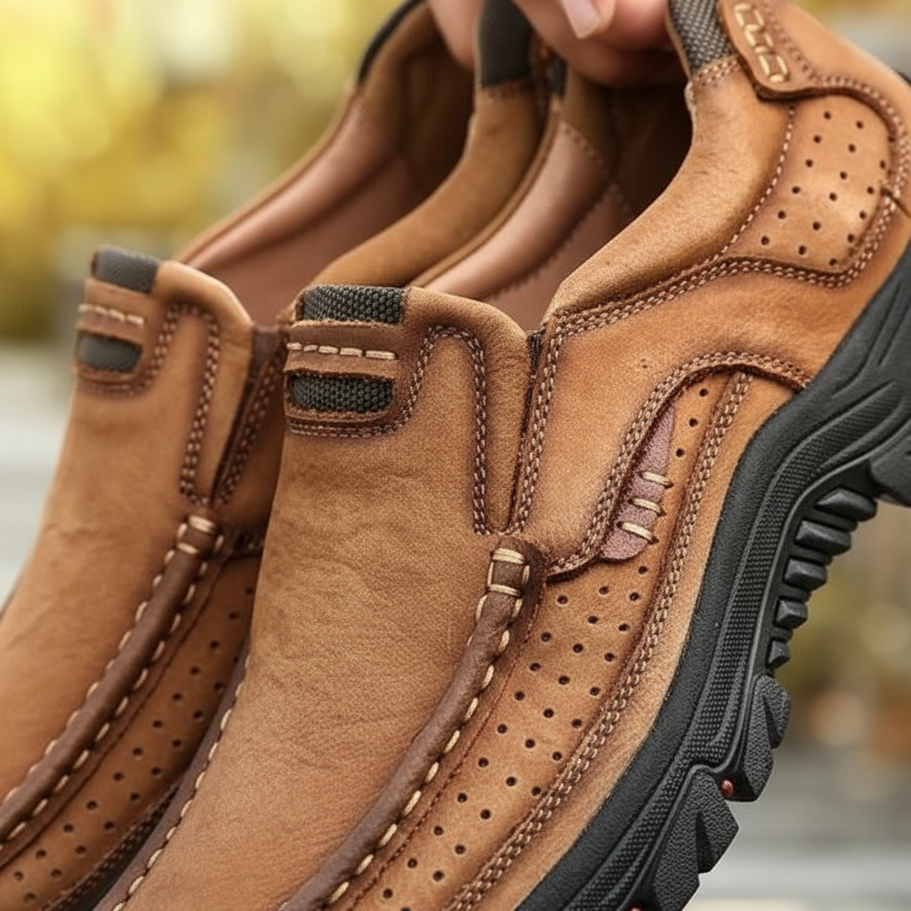 Pair of men's brown leather orthopedic hiking shoes, comfort design for outdoor trails