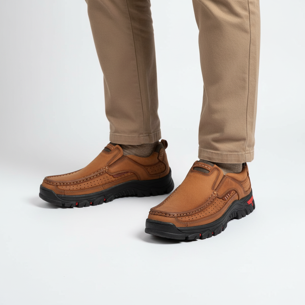 Men's orthopedic hand-sewn Troy hiking shoes, showcasing robust construction and quality