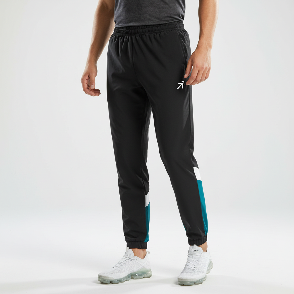 Men's two-piece color block training pants and top set. Ideal activewear for sport, gym, and jogging.