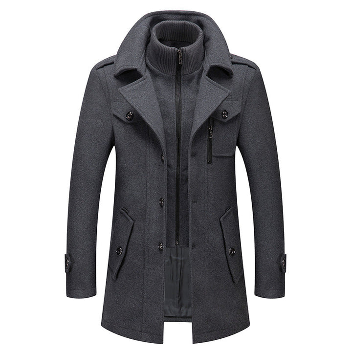 Close-up of men's warm two-piece winter coat, designed for ultimate cold weather protection & sophisticated style.