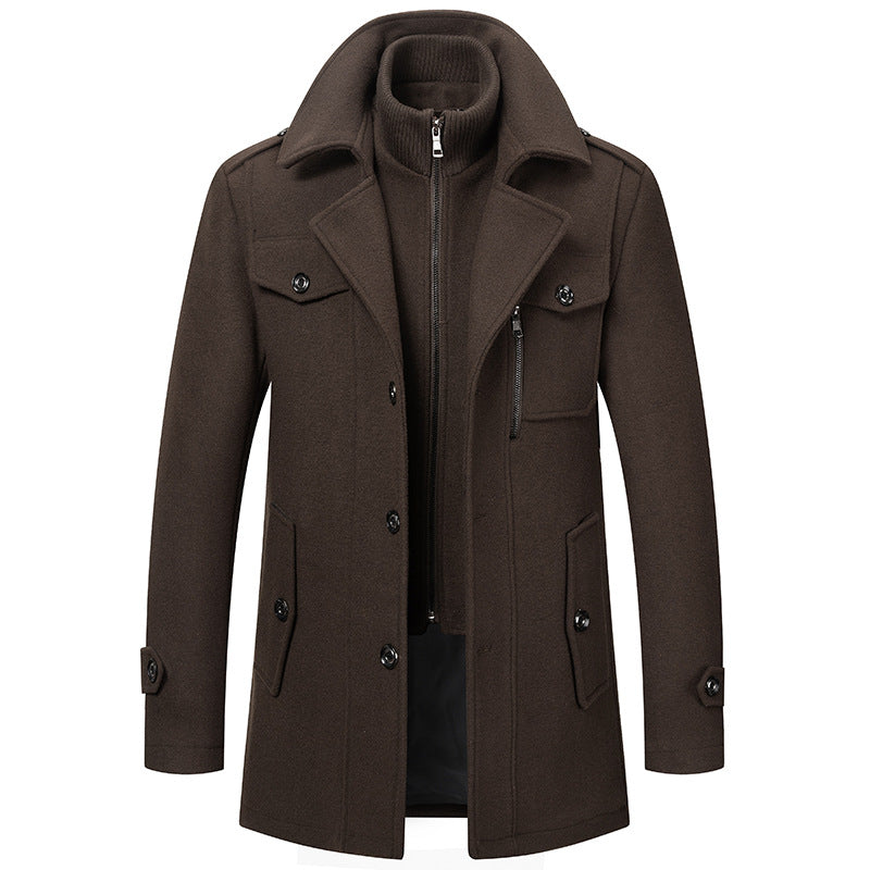 Stylish man wearing a sophisticated two-piece winter coat, a warm and elegant jacket for cold weather fashion.