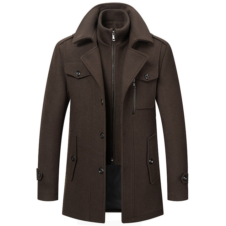 Stylish man wearing a sophisticated two-piece winter coat, a warm and elegant jacket for cold weather fashion.