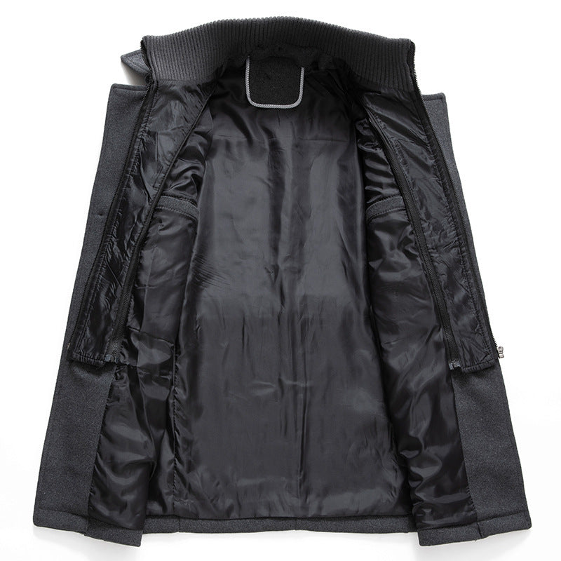 Detail of the fabric of a warm men's two-piece winter coat, highlighting its luxurious & cold-weather protection.