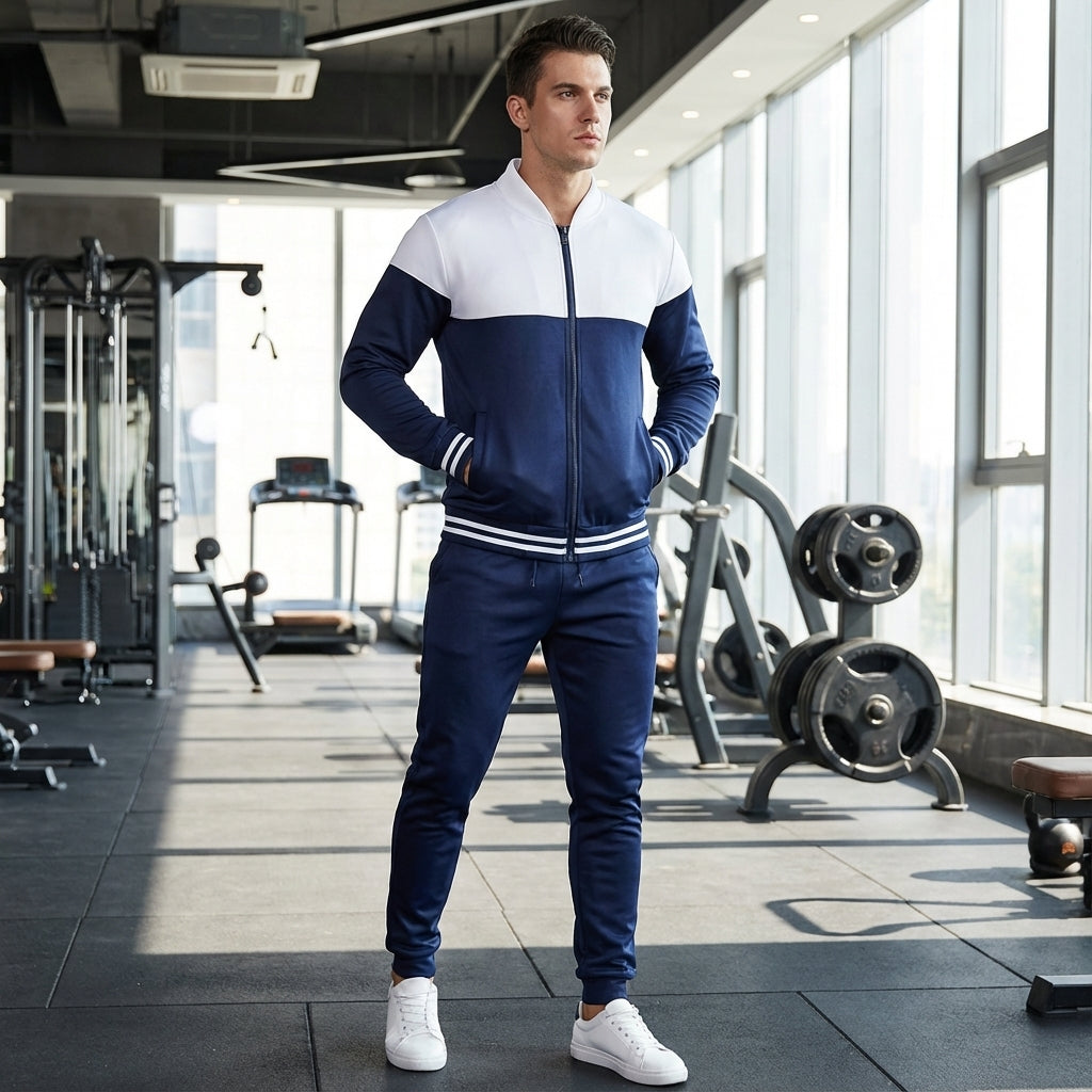 Men's two-tone athletic tracksuit set in black and grey, front view, sporty activewear