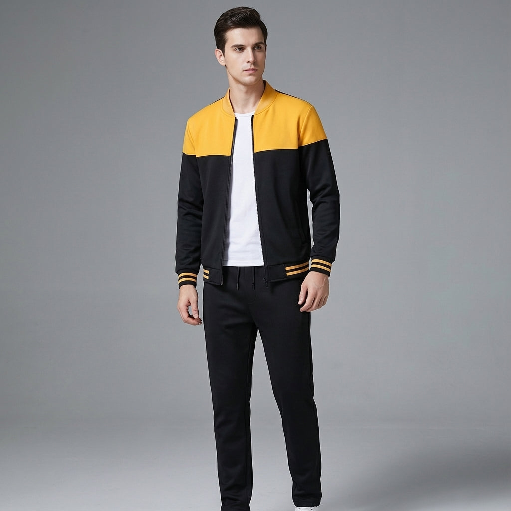 Men's activewear two-tone tracksuit set, showing comfortable fabric and design for sportswear