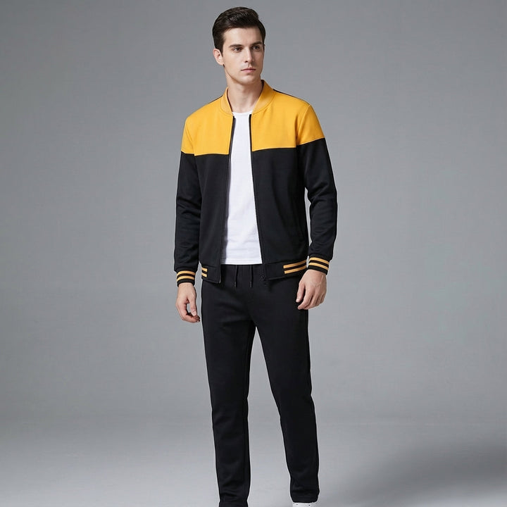 Men's activewear two-tone tracksuit set, showing comfortable fabric and design for sportswear